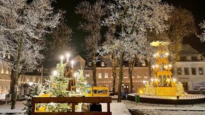 Un banc dans une place enneigée, avec une fontaine et des sapins de Noël.