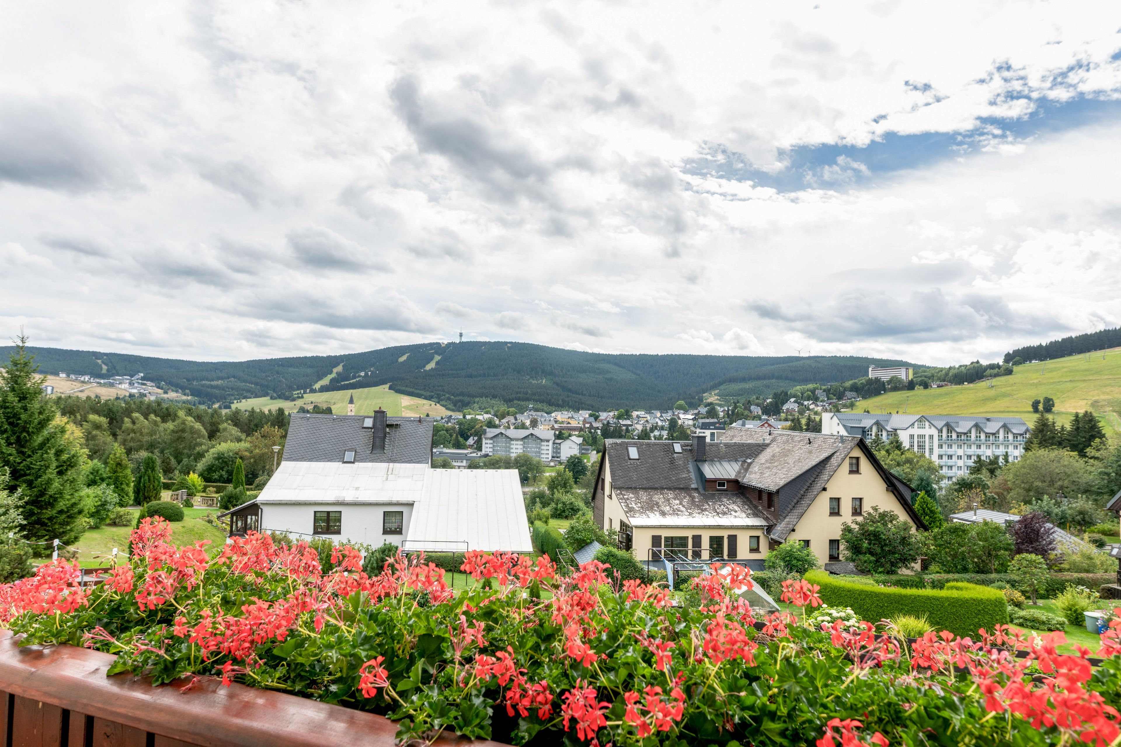 Un quartier résidentiel avec des maisons, une montagne en arrière-plan et un ciel dégagé.