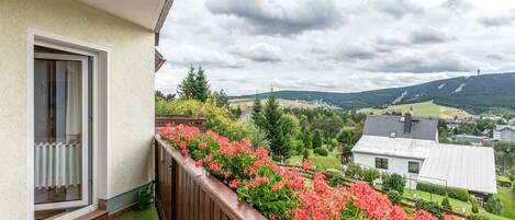 Ein Balkon mit Holzgeländer, ein Fenster mit Blick auf eine grüne Landschaft und ein Gebäude mit weißer Fassade.