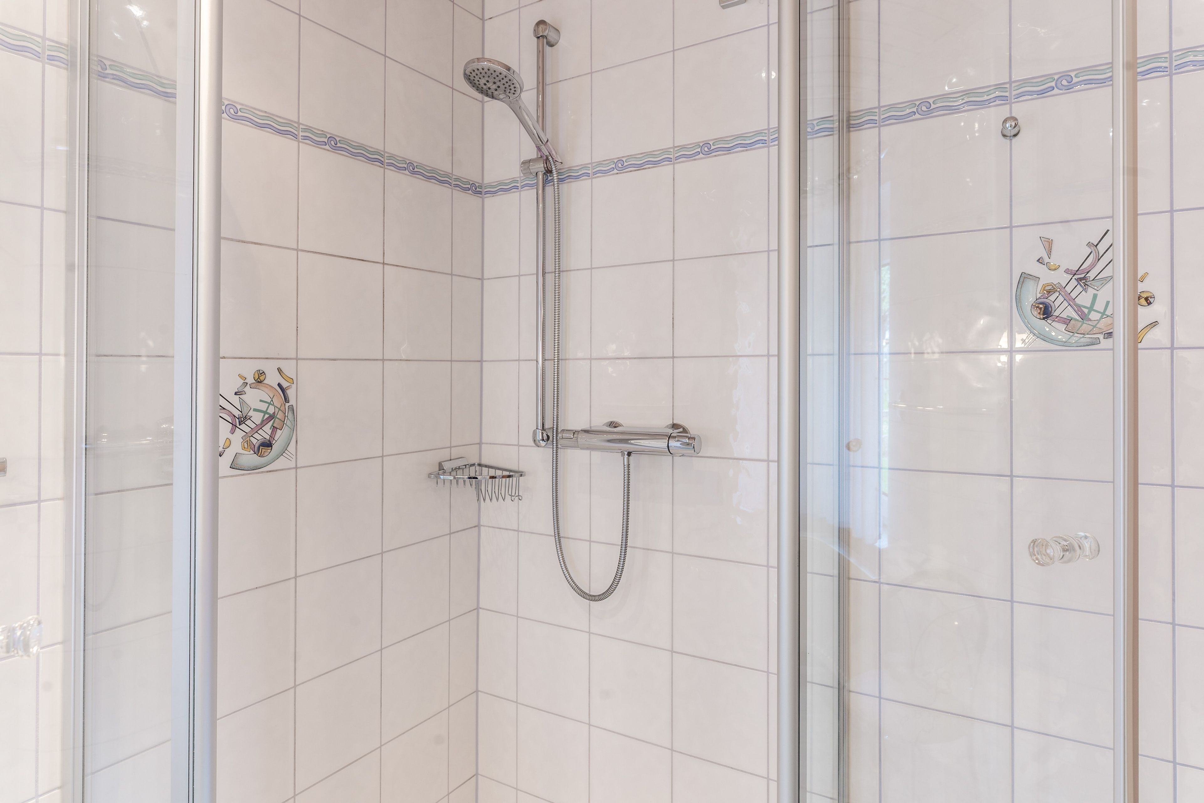 Een douchecel met een glazen deur, een handdouche en een wandmengkraan.