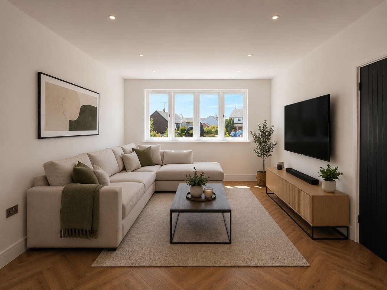 A modern living room with a sectional sofa, a coffee table, a TV, and a large window with a view of houses.