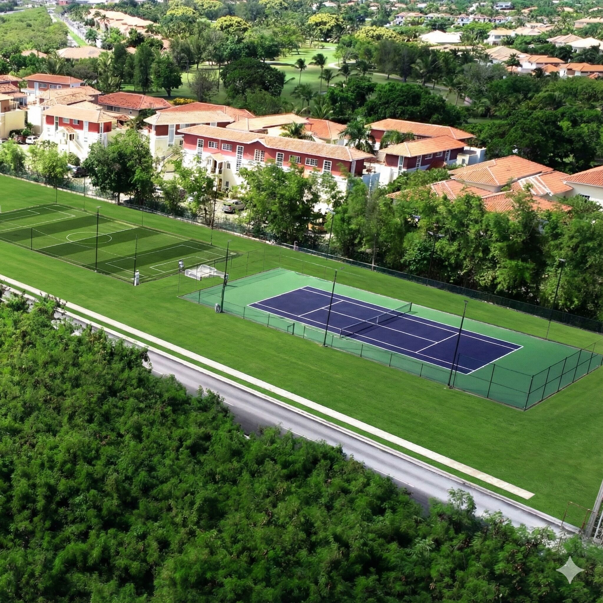 Vista aérea de un barrio residencial con cancha de tenis rodeada de casas y vegetación.