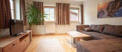 A modern living room with a sofa, TV, wooden cabinet, and a large plant.