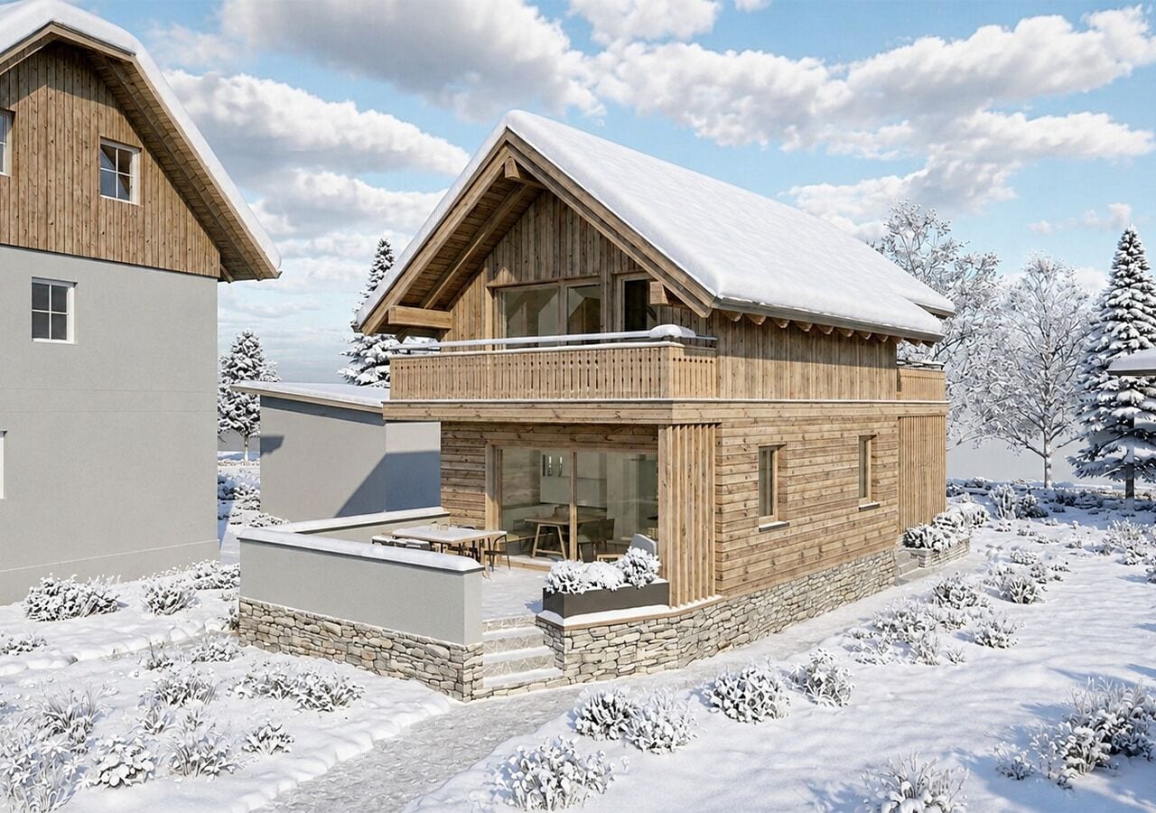 A wooden chalet with a balcony, stone foundation, and snow-covered surroundings.