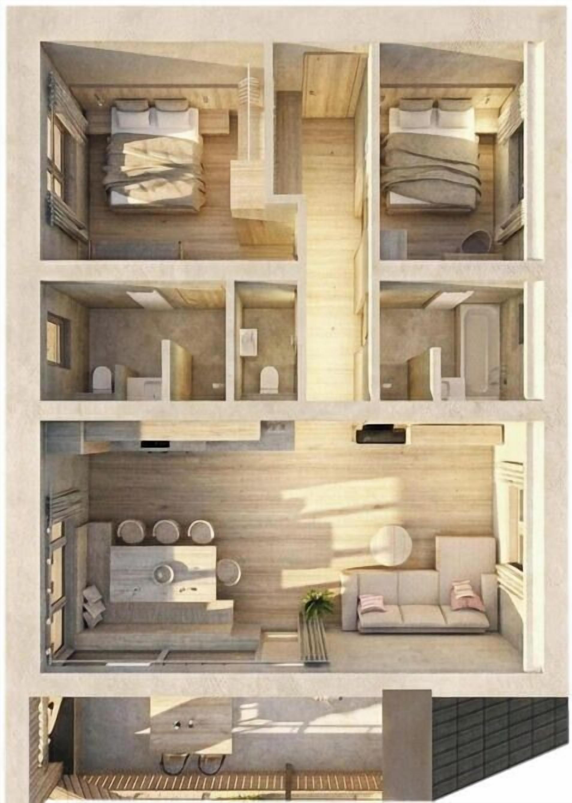 Eine zweistöckige Wohnung mit Küche, Wohnbereich, zwei Schlafzimmern und einem Badezimmer.