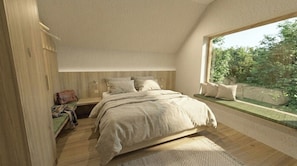 A bedroom with a bed, a bench, a window, and a view of greenery.