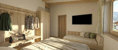 A room with a bed, a bench, a wardrobe, and a television.