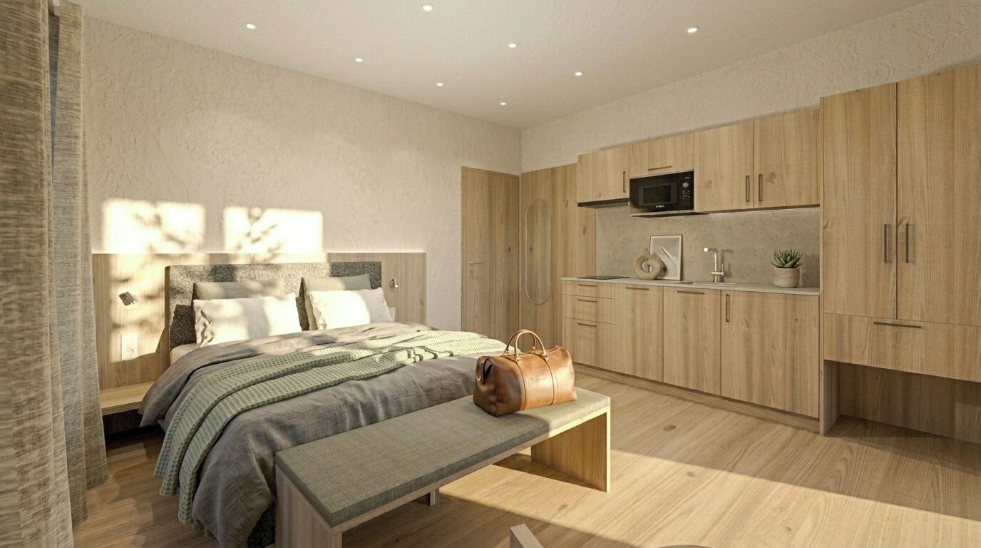 Comfort studio, uitzicht op bergen | Verduisterende gordijnen, geluiddichte muren, gratis babybedden