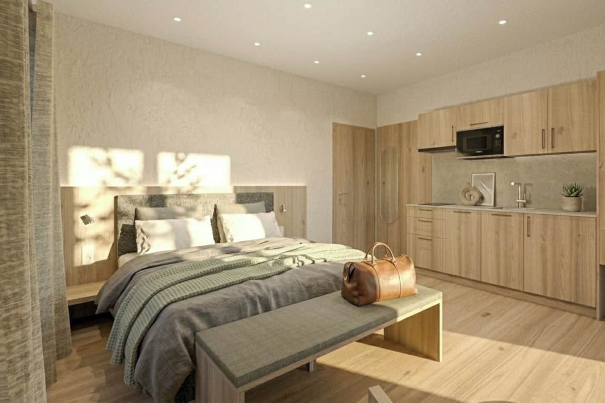 Studio tiện nghi đơn giản, quang cảnh núi | Màn/rèm cản sáng, phòng cách âm 