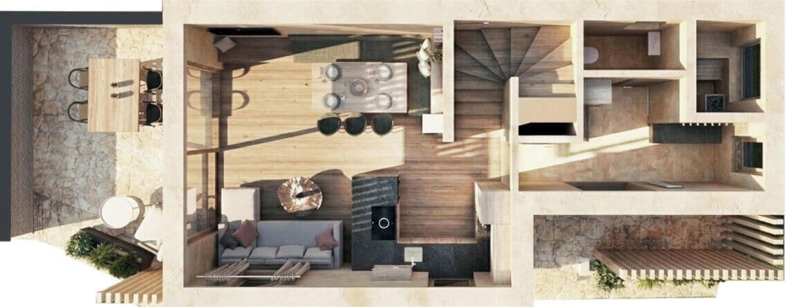 A modern interior with a dining area, a seating area with a fireplace, and a kitchen.