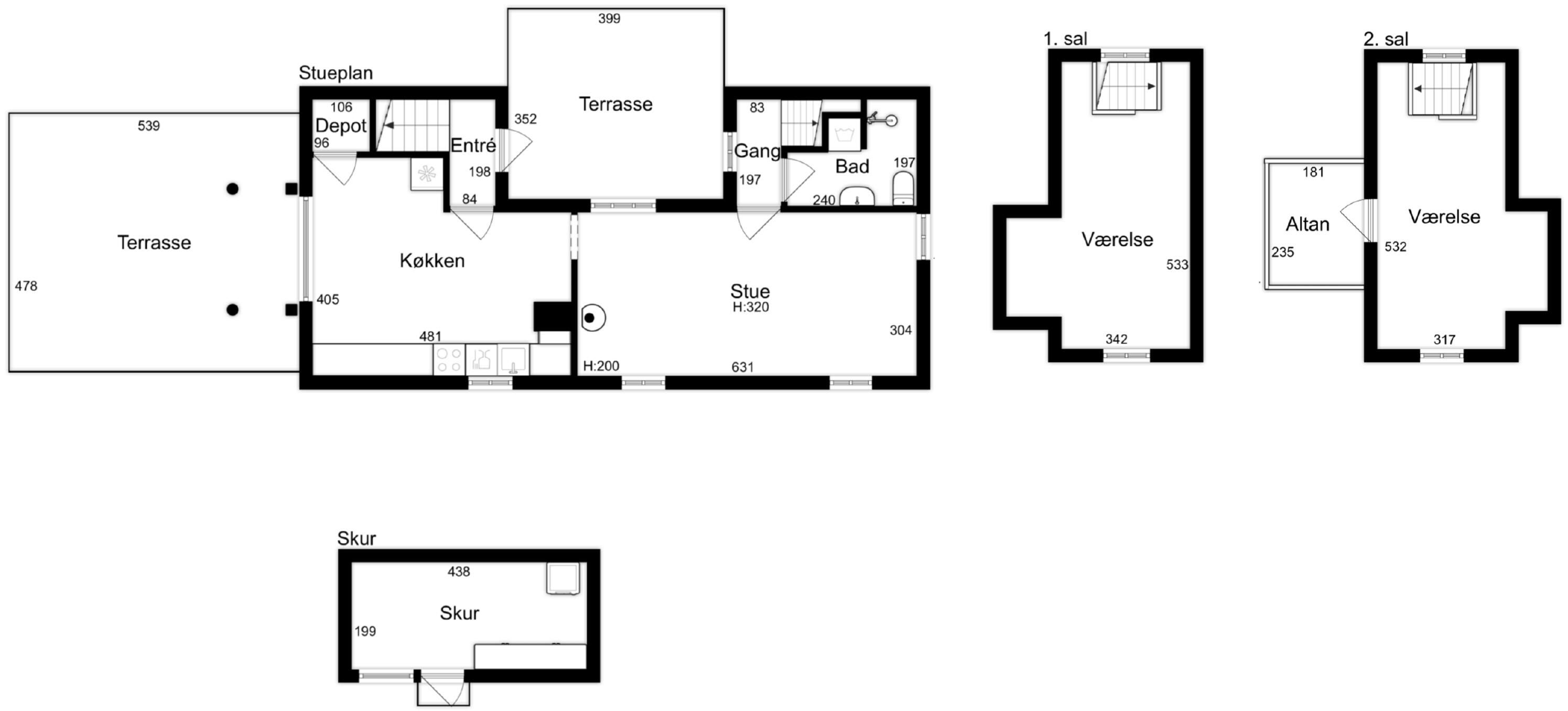 A hotel layout with multiple rooms, including a terrace, kitchen, and bathroom areas.