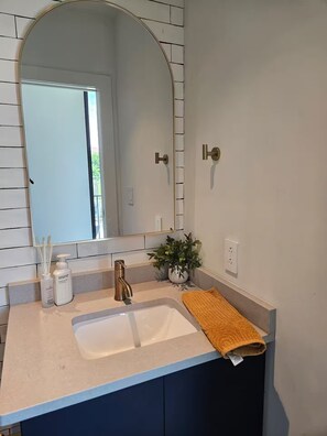 Un baño con un lavamanos blanco, un espejo grande, una planta en maceta y una toalla en la encimera.