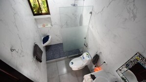 Een badkamer met een douchecabine van glas, een toilet en een wastafel.