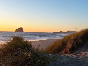 Uma praia com dunas de areia e uma formação rochosa ao longe.