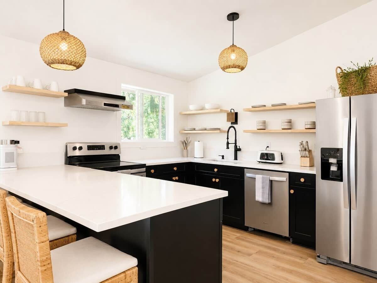 A modern kitchen with a central island, black cabinets, stainless steel appliances, and wicker pendant lights.