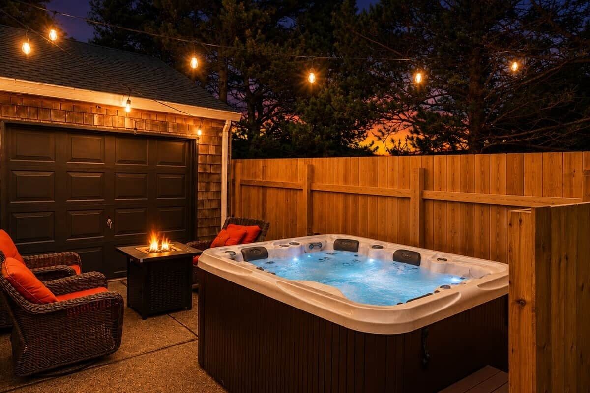 A hot tub with a wooden deck, a garage, and outdoor seating.