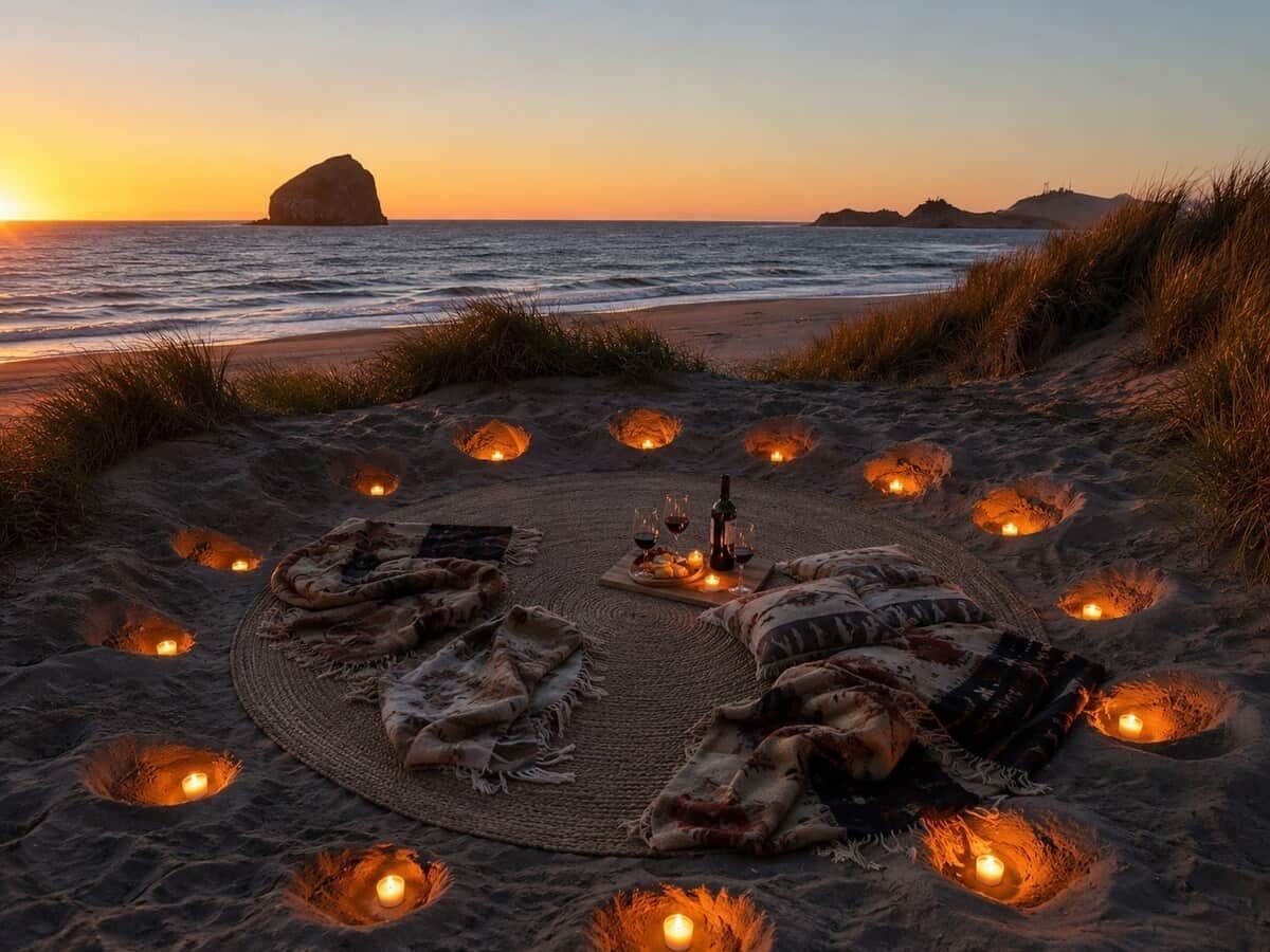 A beach setting with a circular arrangement of candles and blankets, suggesting a romantic or intimate outdoor dining experience.