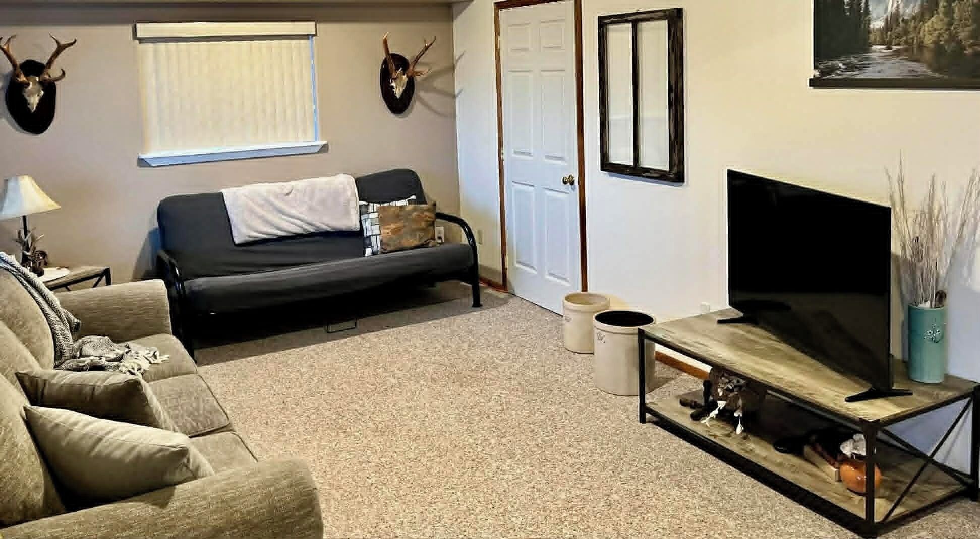 A living room with a sofa, a television on a stand, and two deer skulls on the wall.