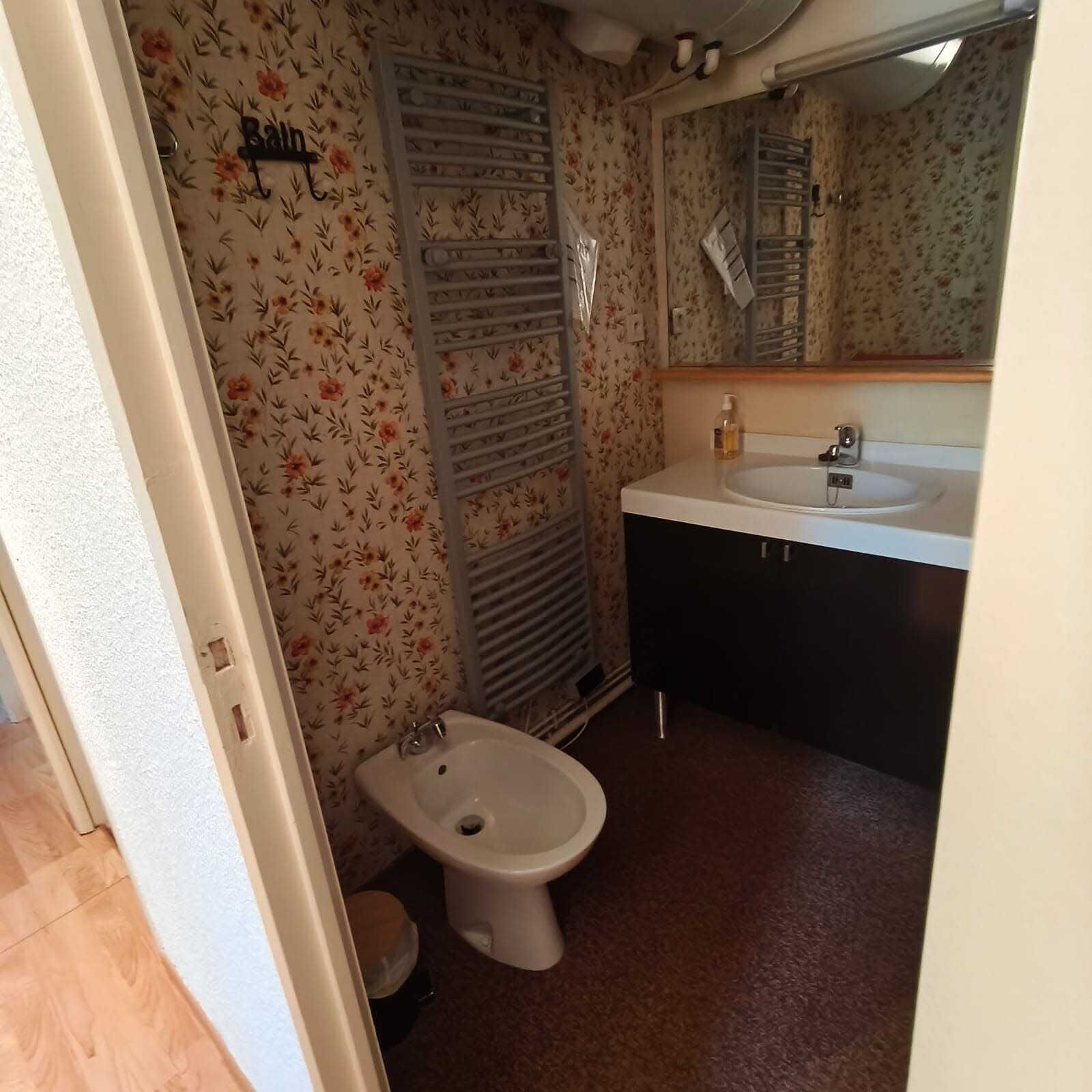 A bathroom with a toilet, bidet, and a sink with a mirror above it.