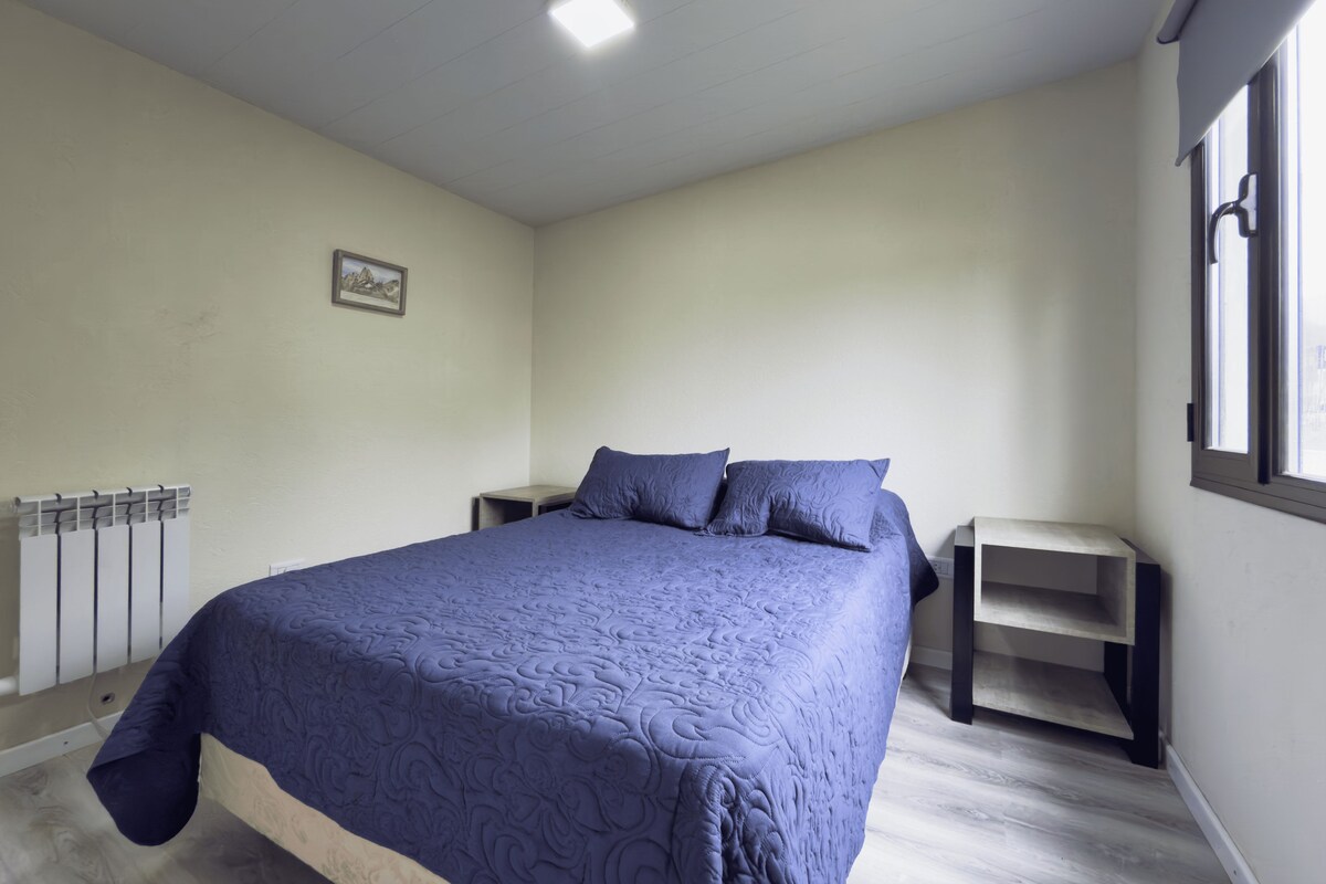 A bedroom with a bed, a nightstand, a radiator, and a window.