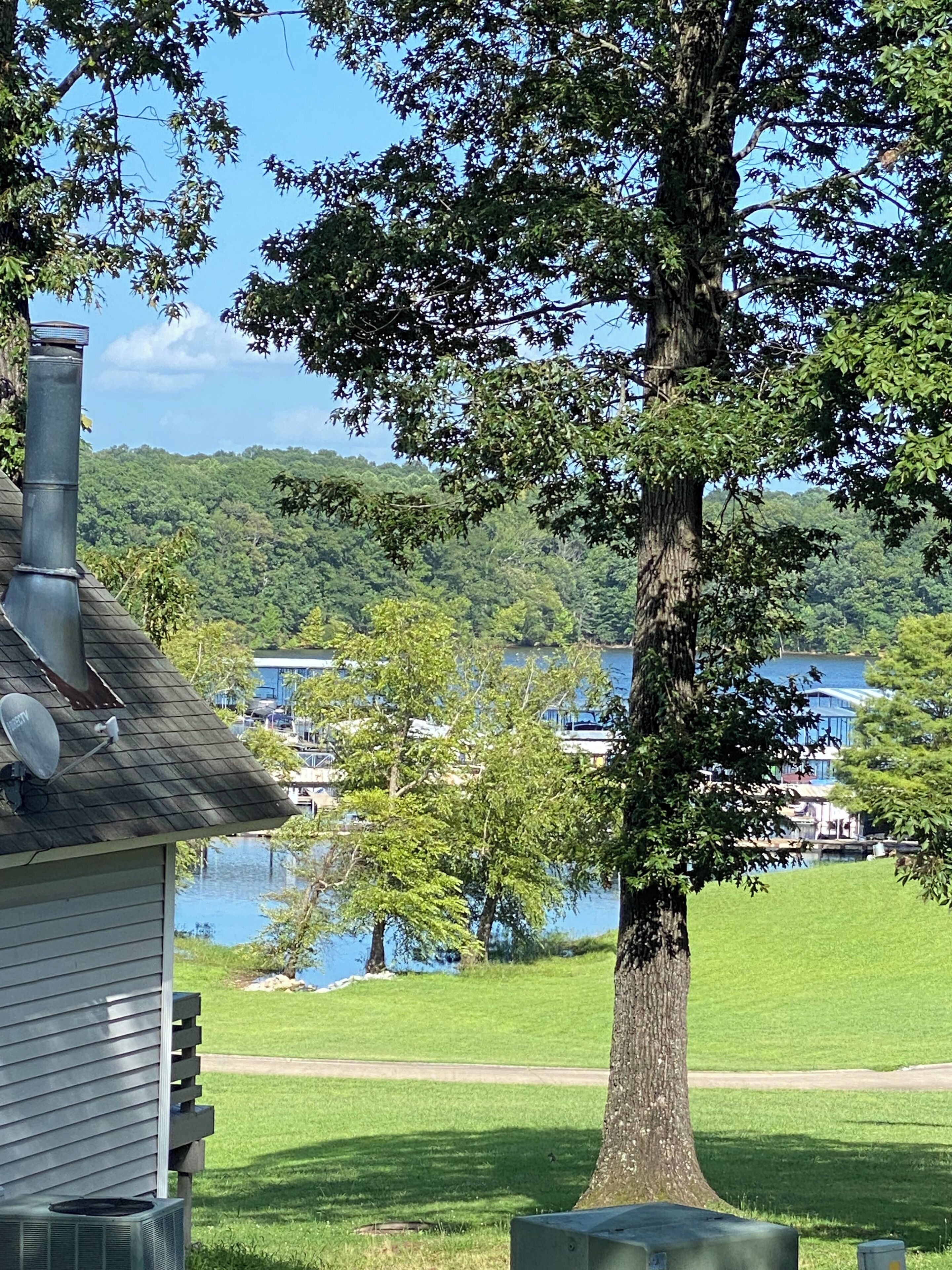 A house with a chimney, a tree in the foreground, and a lake with boats in the background.