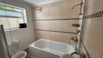Hair dryer, towels, soap, toilet paper