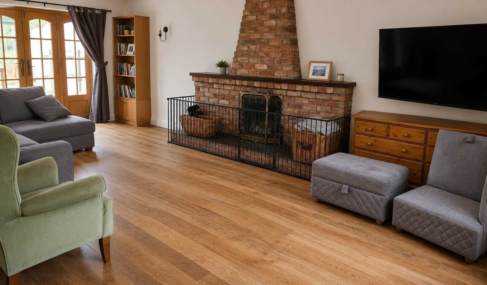 A living room with a fireplace, a television, and a bookshelf.