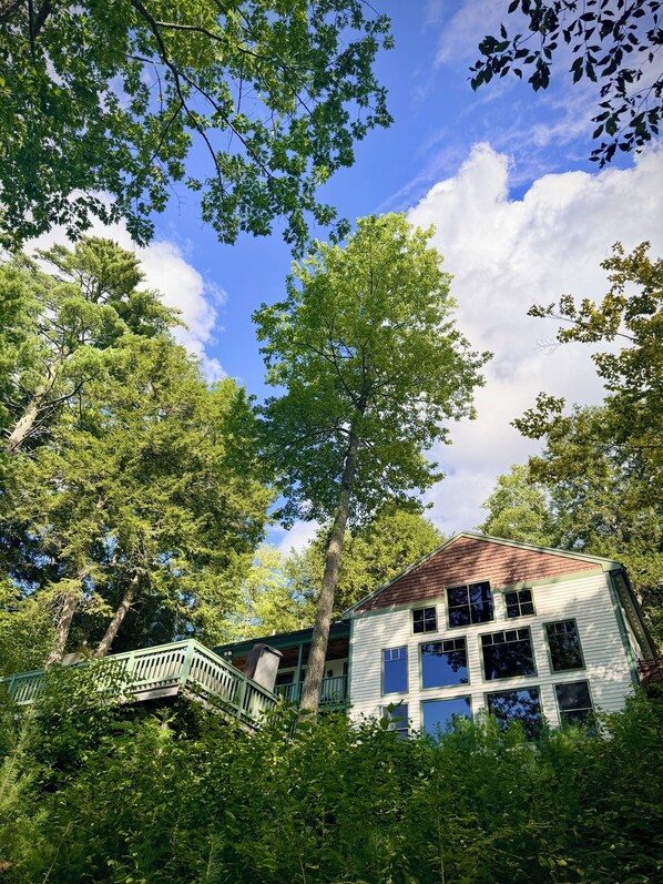 Une maison entourée d’une forêt dense, sous un ciel dégagé.