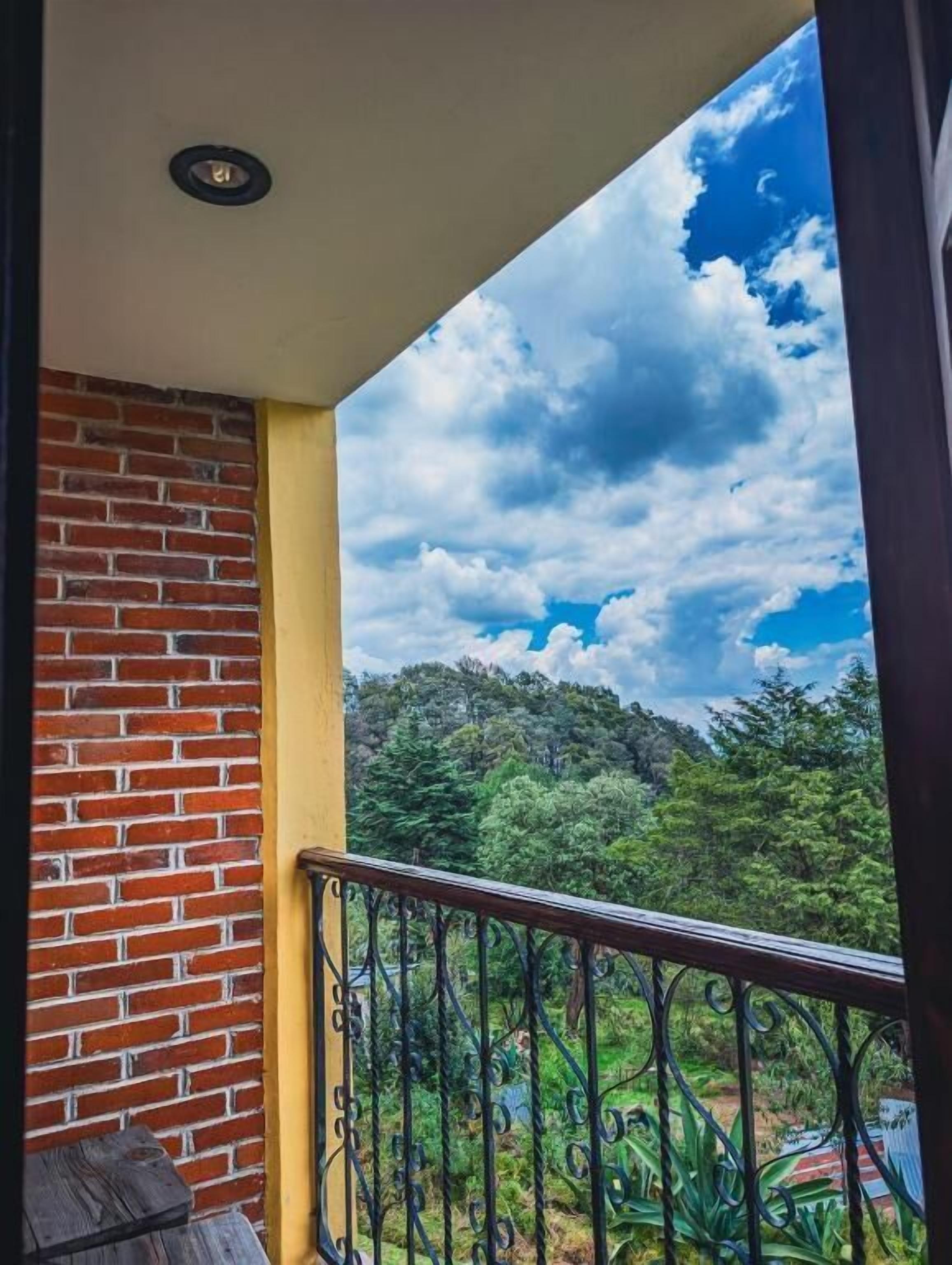 Un balcón con pared de ladrillo, barandilla metálica y vista a una colina boscosa bajo un cielo parcialmente nublado.