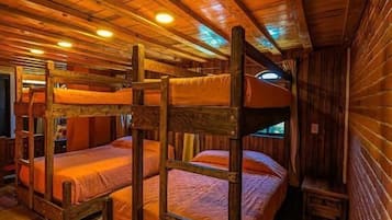 Una cabaña con literas, paredes y techo de madera.