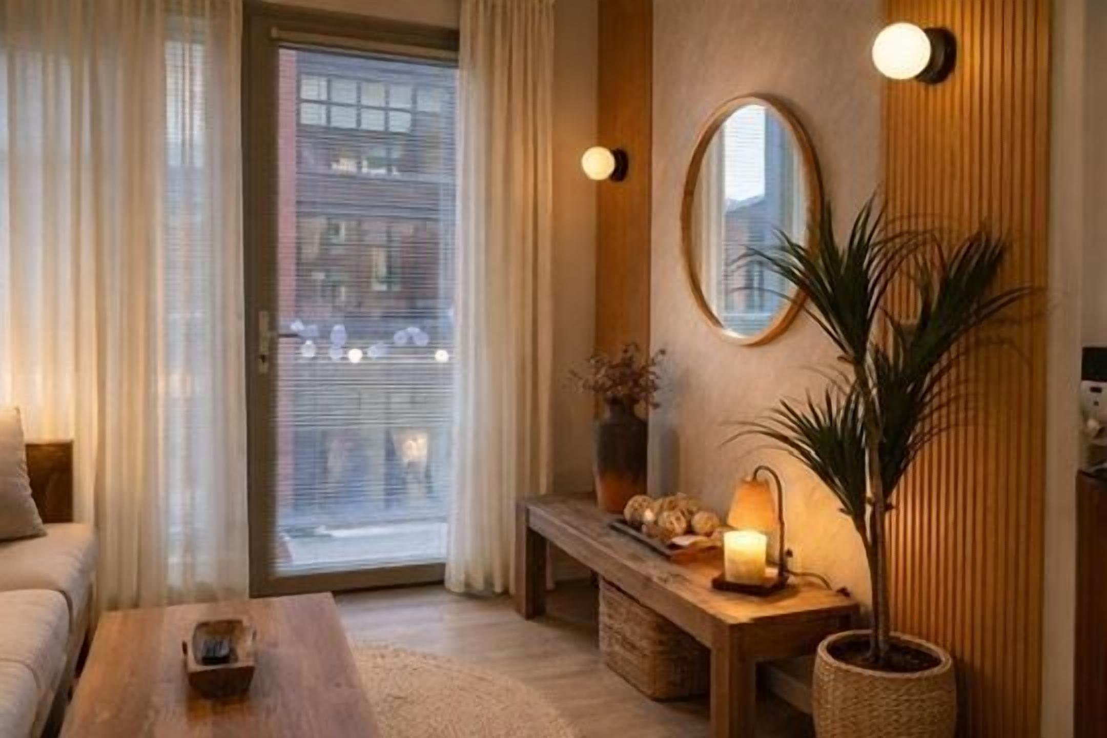 A cozy living room with a sofa, a coffee table, a lamp, a mirror, and a potted plant.