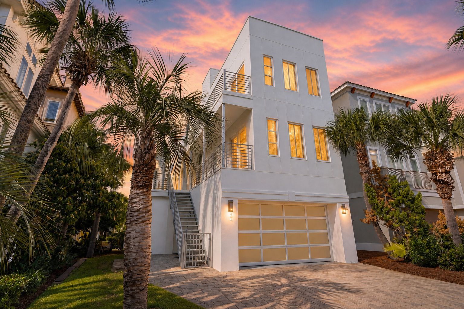 A modern two-story house with a garage, surrounded by palm trees and a sunset sky.