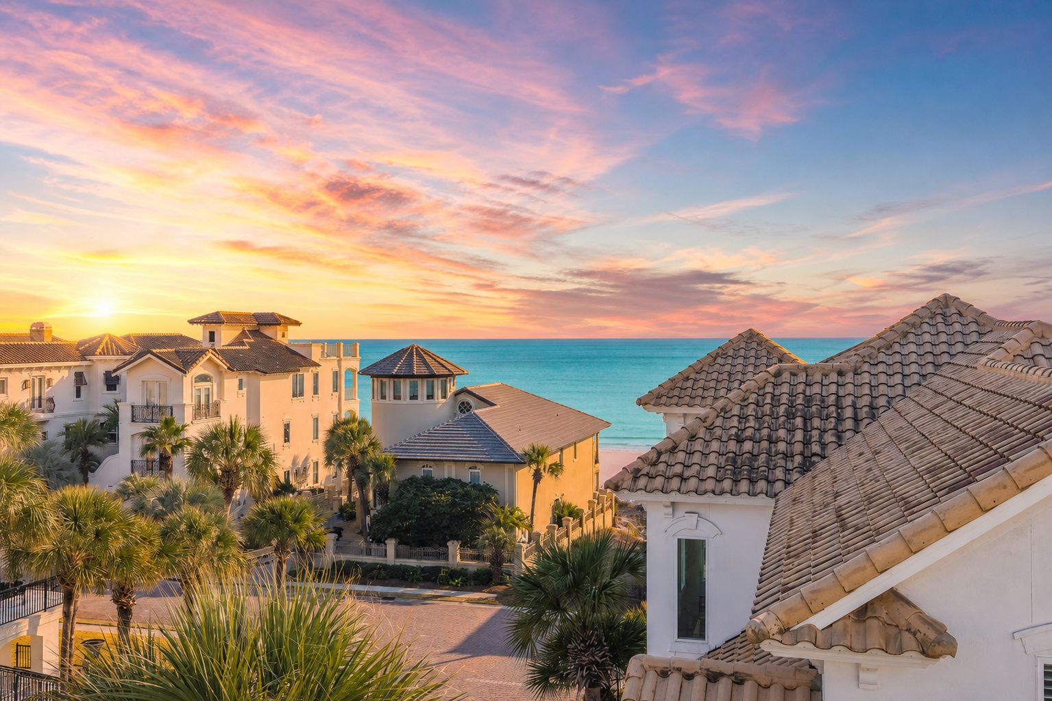 A coastal town with buildings, palm trees, and a view of the sea during sunset.