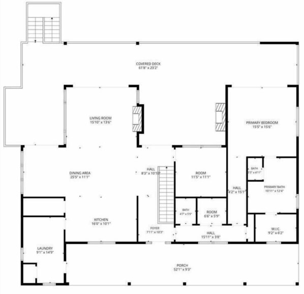 A floor plan with a covered deck, living room, dining area, kitchen, laundry, primary bedroom, primary bathroom, hallways, and a porch. - Serenity Point | Luxury Waterfront | Excellent Location (Littleton)