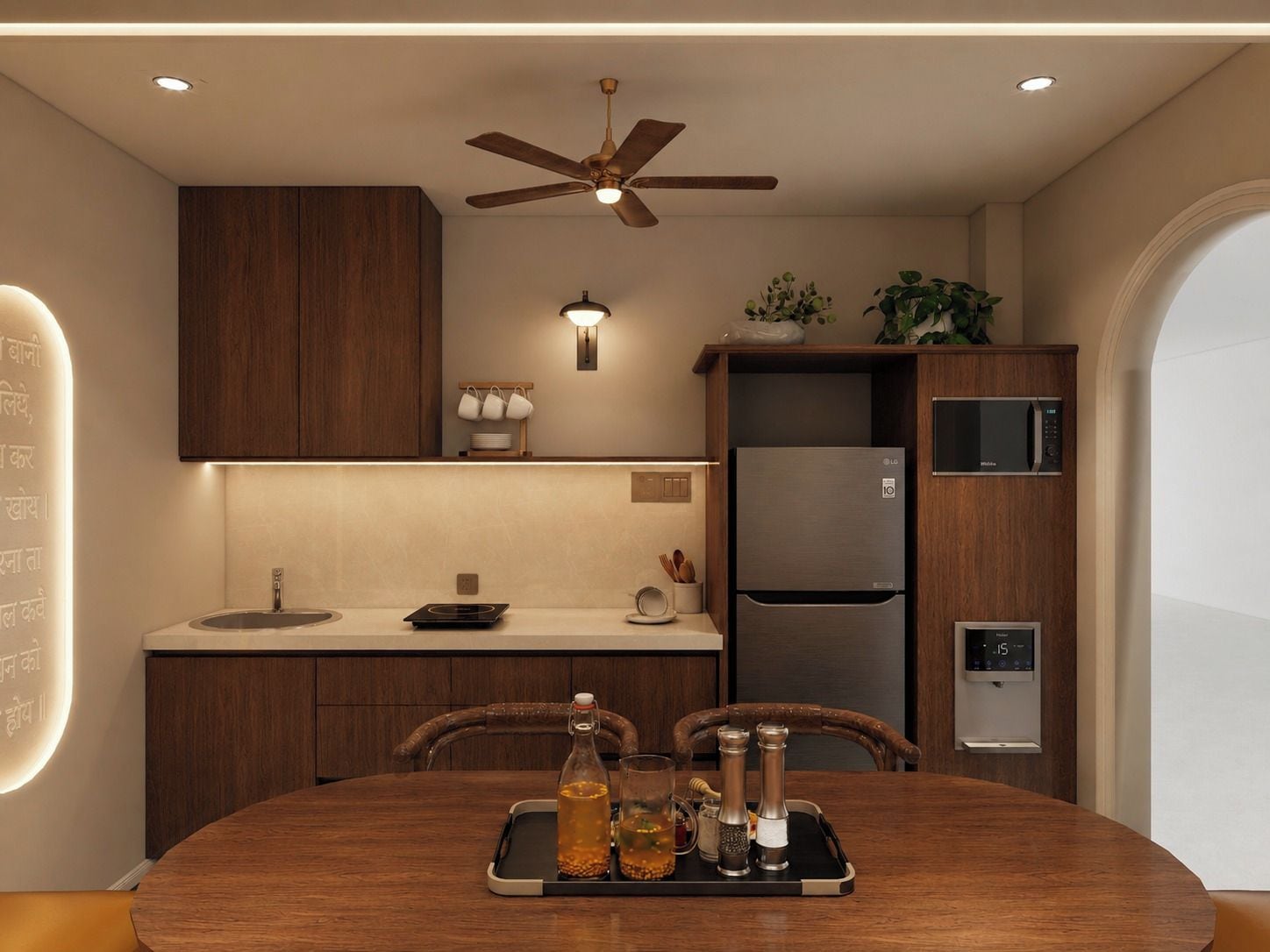 A modern kitchen with a central island, built-in appliances, and a ceiling fan.
