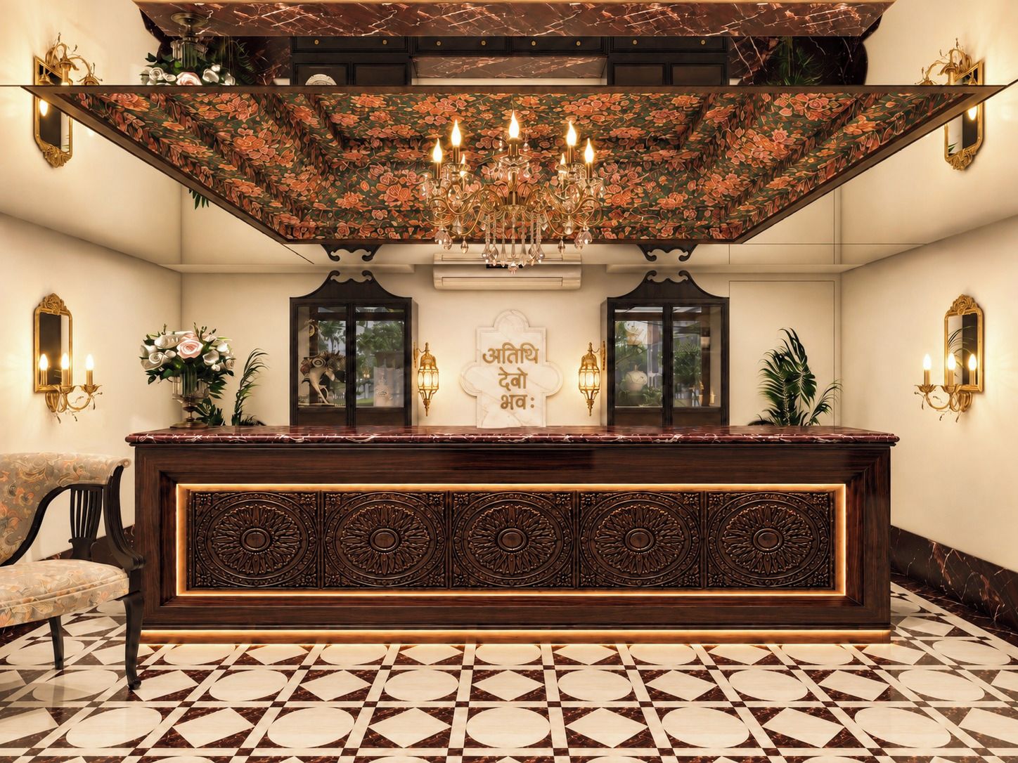Un'area reception con un bancone in marmo, applique elaborate e un soffitto decorato.