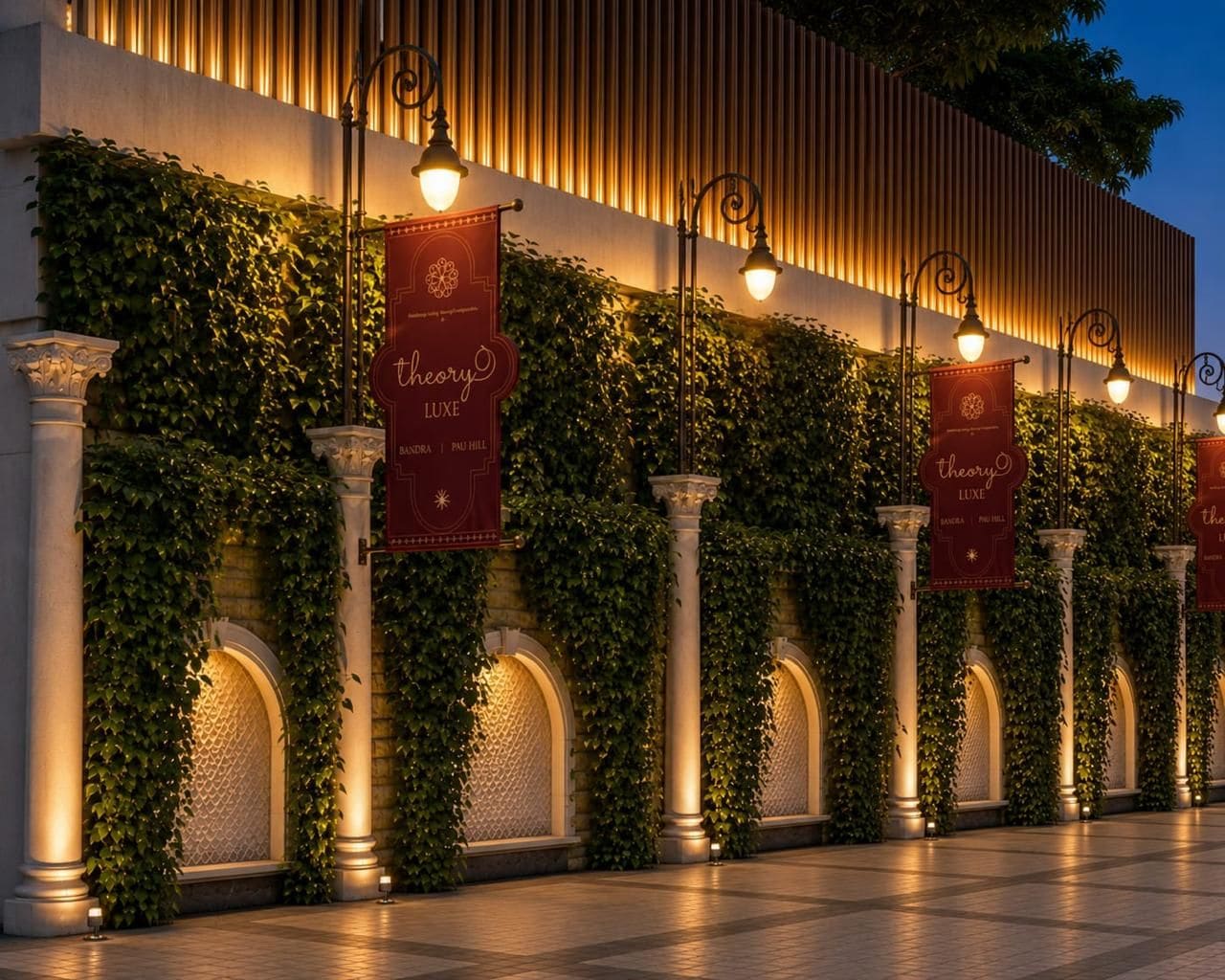 A building facade with vertical columns, arched windows, and ivy-covered walls.