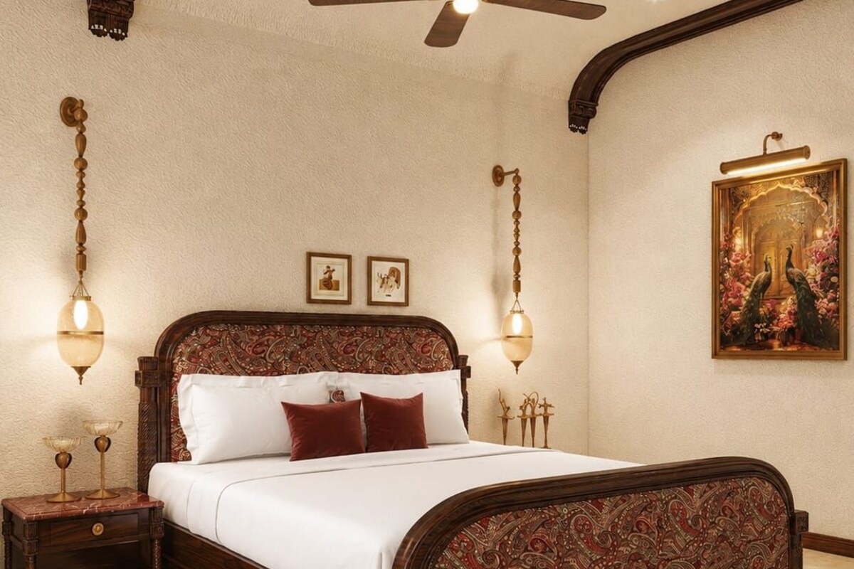 A bedroom with a bed, a ceiling fan, wall-mounted lamps, a rug, and a painting.