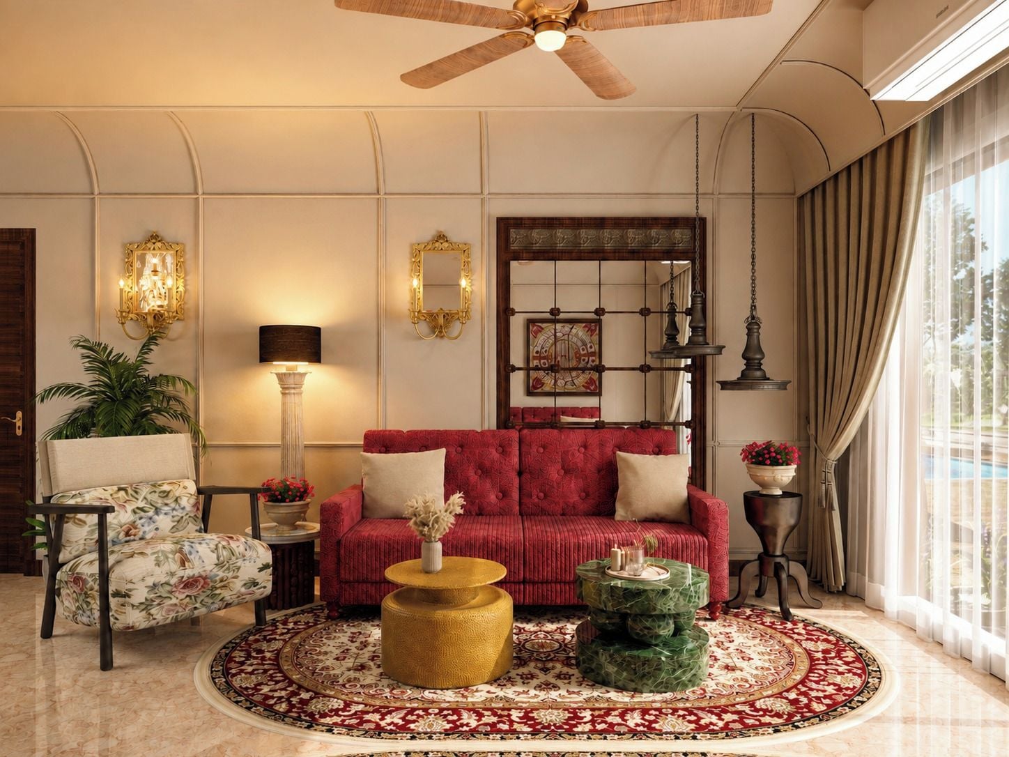 A well-lit living room with a red sofa, a round coffee table, and a patterned rug.