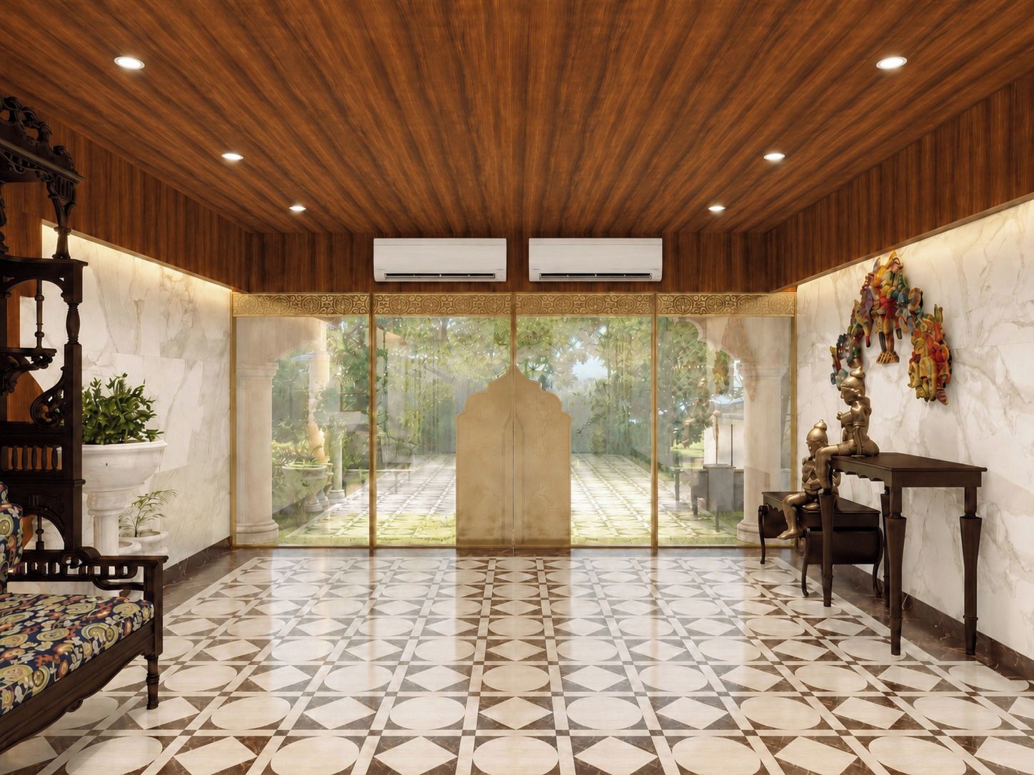 A room with a patterned floor, wooden ceiling, and a view through a glass door leading to an outdoor area.