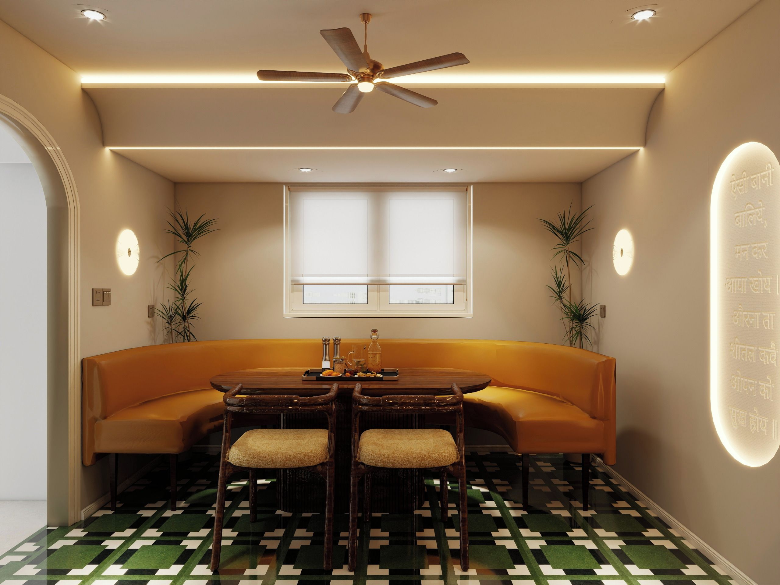 A dining area with a round table, four chairs, a ceiling fan, and a window with blinds.