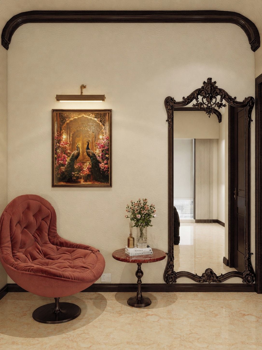 Una habitación con un espejo grande, un cuadro enmarcado, un sillón cómodo y una mesita con un florero.