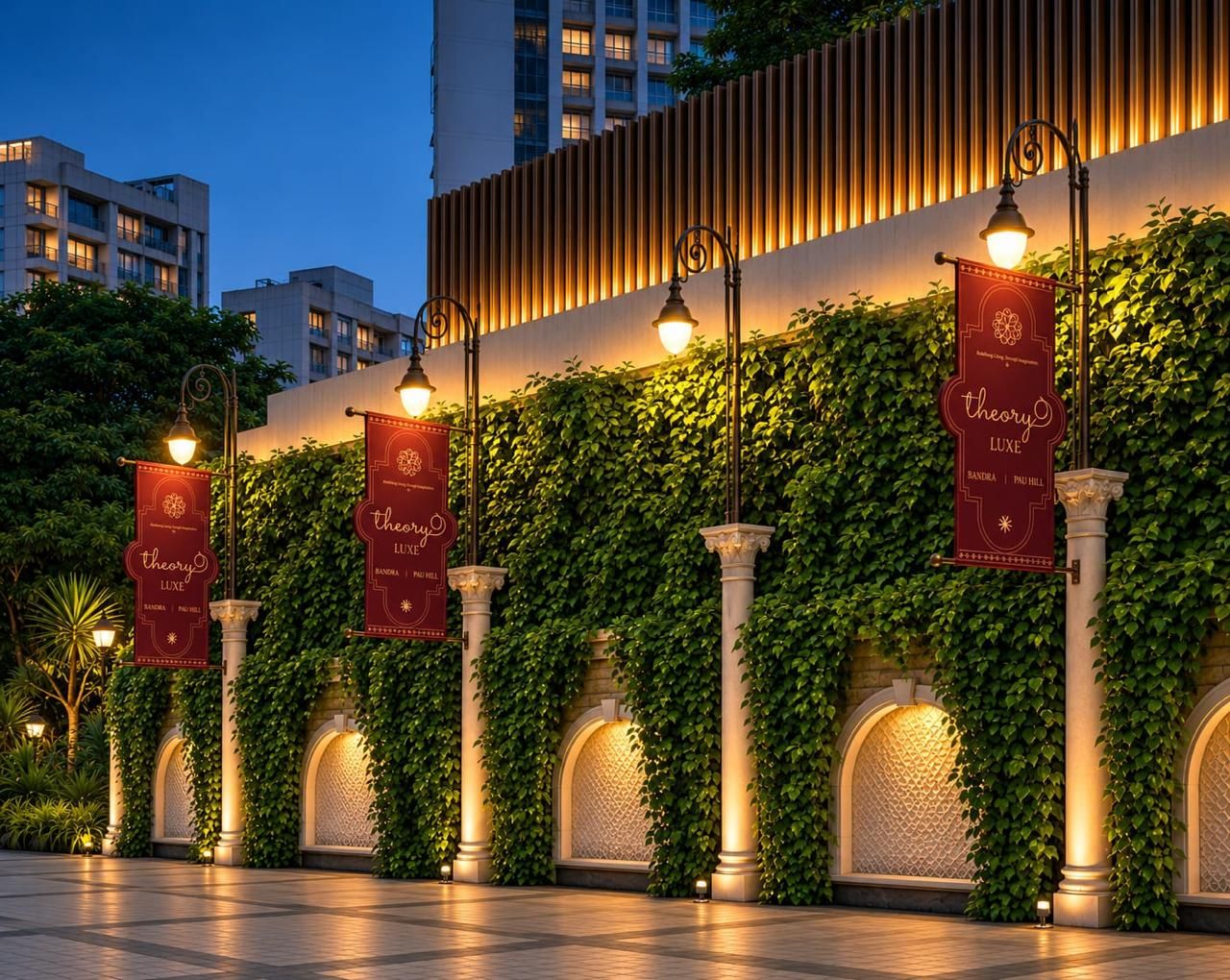 A building facade with vertical gardens, arched windows, and illuminated banners.