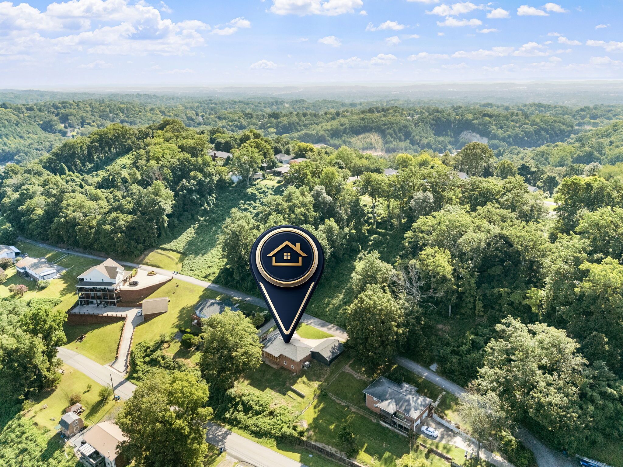 An aerial view of a residential area with a prominent house icon indicating a specific location.