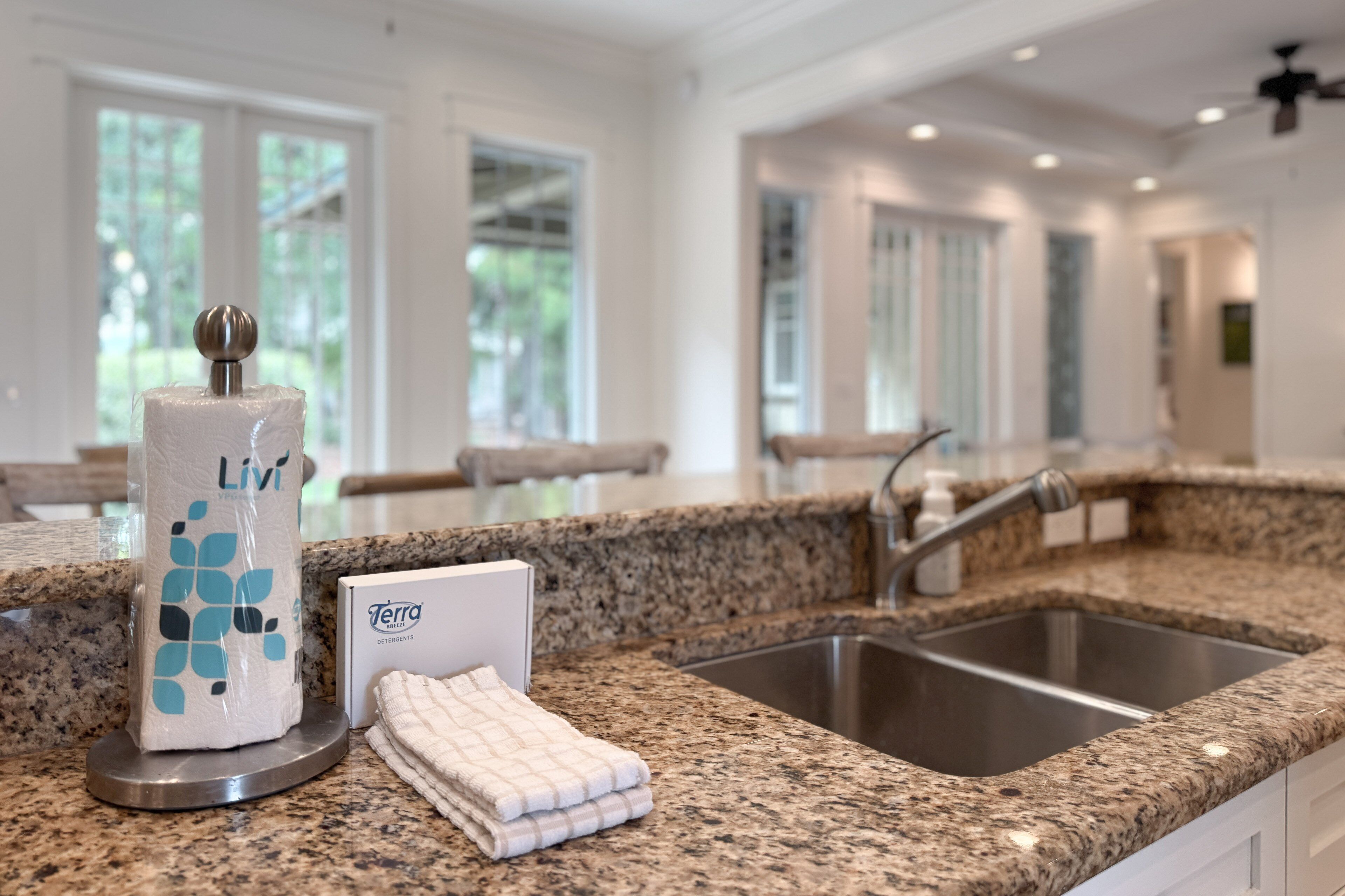 A kitchen with granite countertops, a sink, and a roll of paper towels.