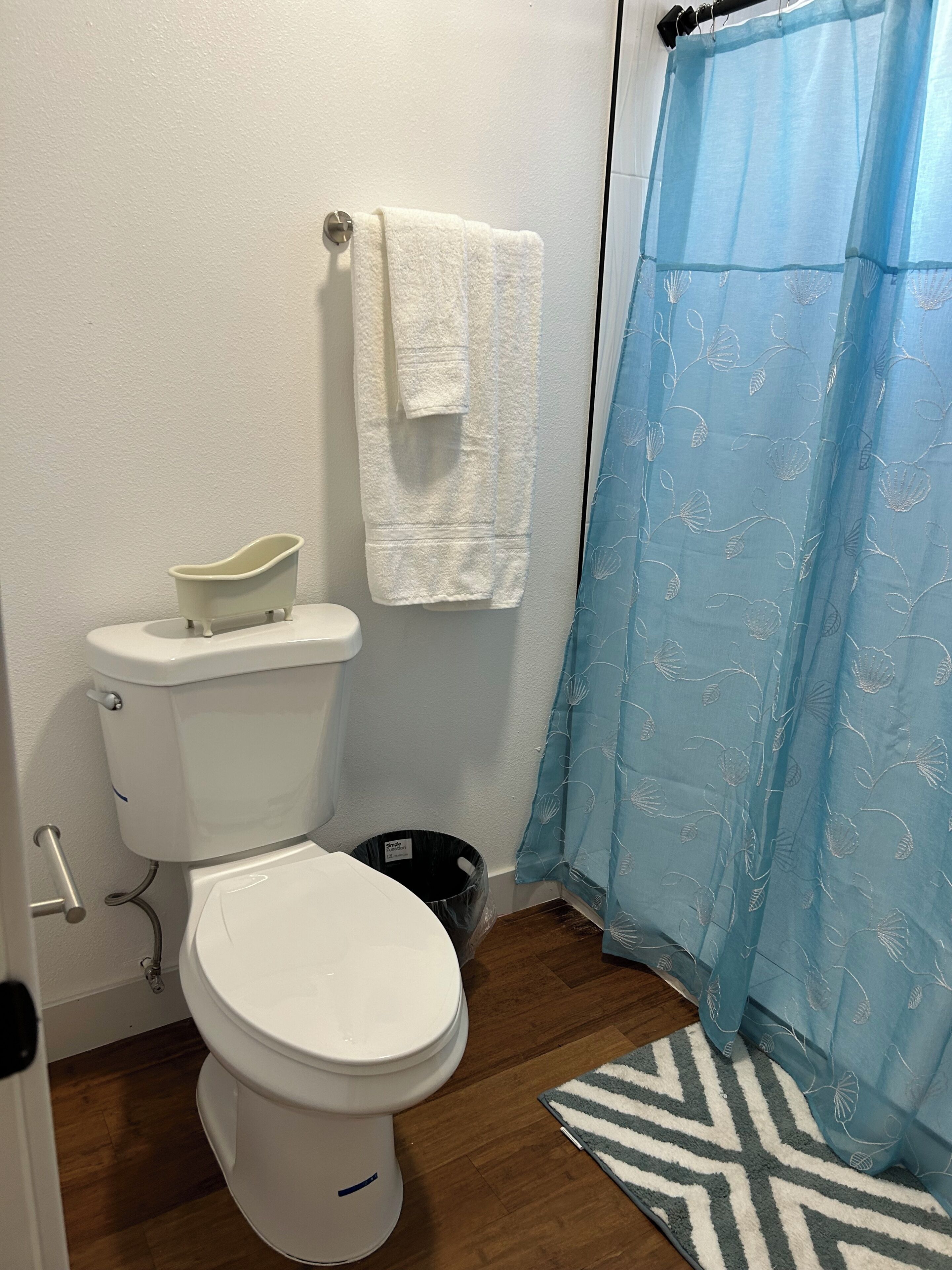 Secador de cabelo, toalhas de banho, sabonete, papel higiênico