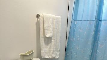 Secador de cabelo, toalhas de banho, sabonete, papel higiênico