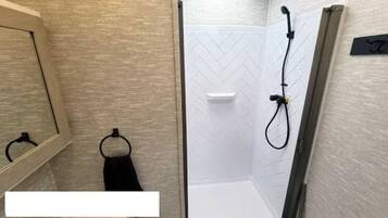 Hair dryer, towels, soap, toilet paper