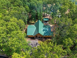 A lodge with a green roof, surrounded by dense forest. - Cabin Near Thunder Ridge & Big Cedar_Private Hot Tub_Free Attraction Tickets_Bonus Loft (Ridgedale)