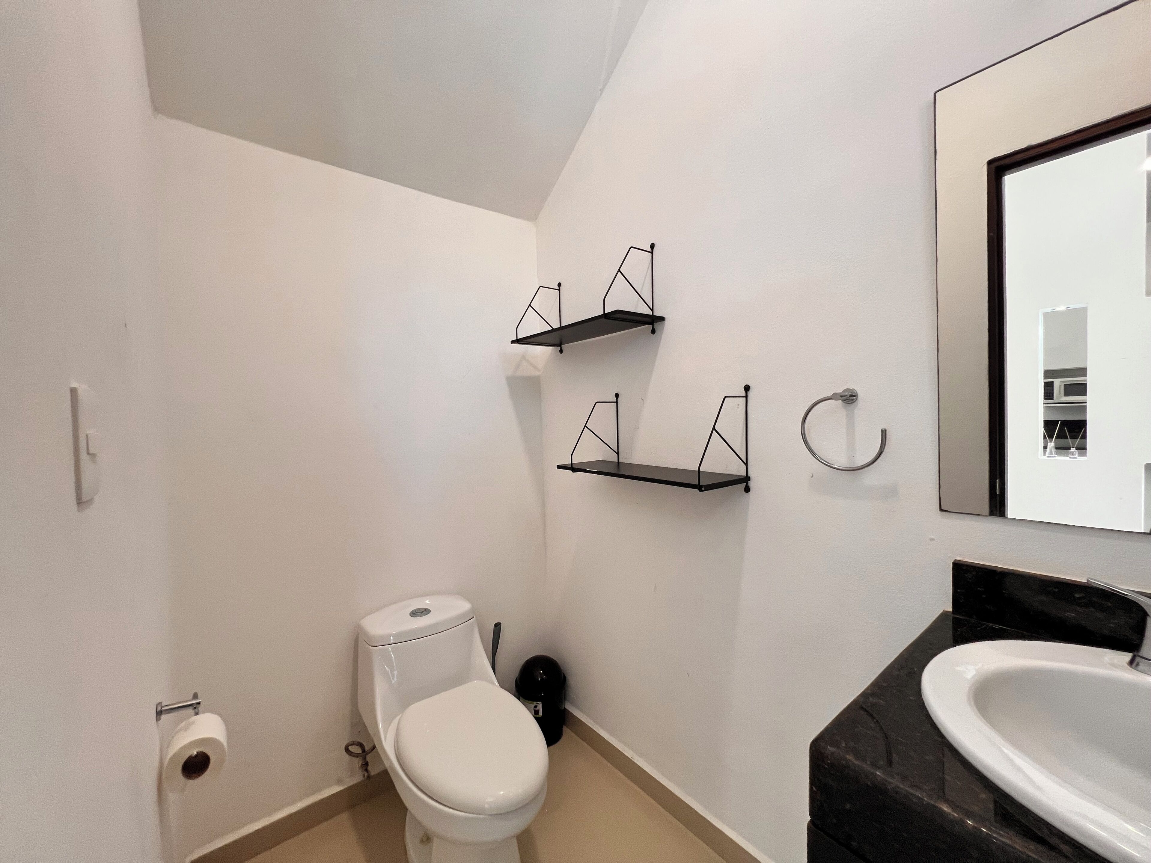 A bathroom with a toilet, a sink, and two wall-mounted shelves.